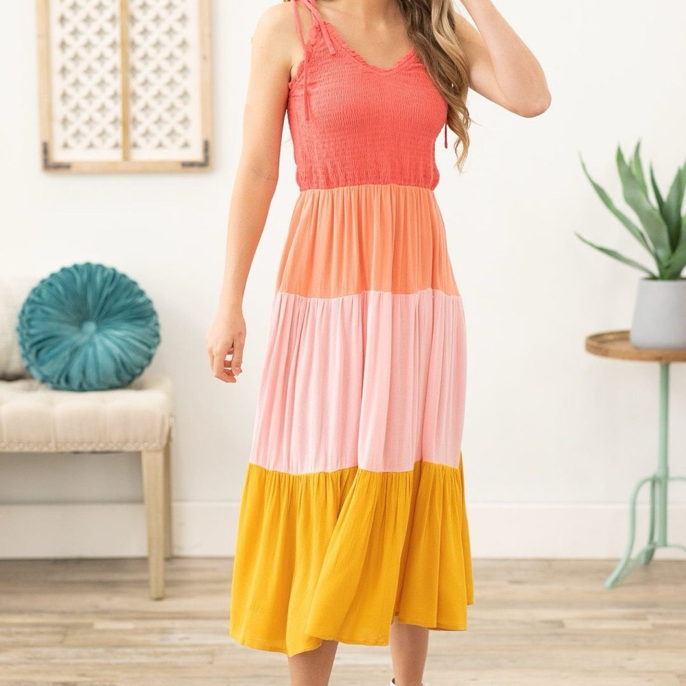 NWOT Pink Smocked Tiered Midi Sundress